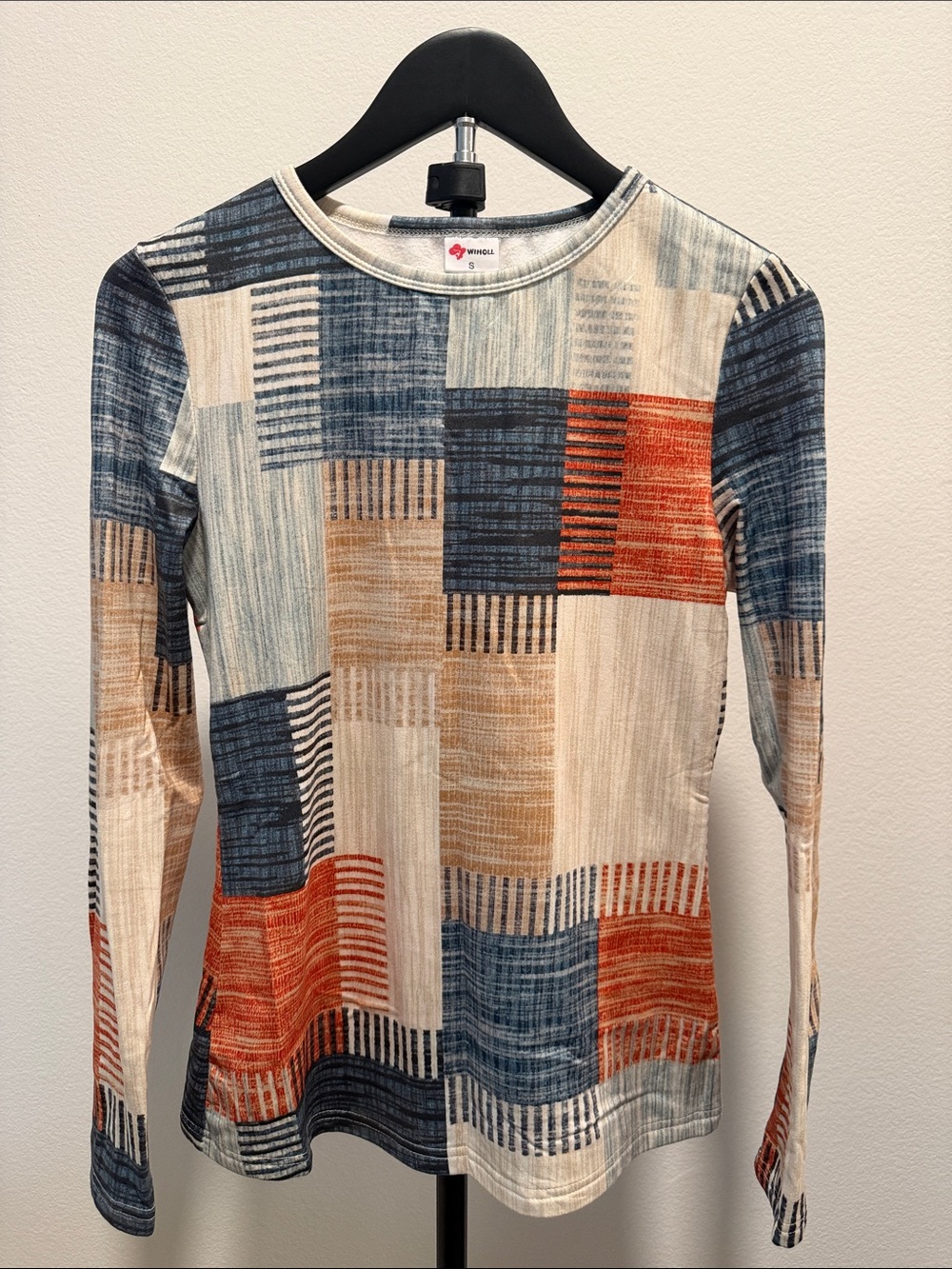 Women's Long-Sleeve Patchwork Print Top - Blue, Cream & Rust